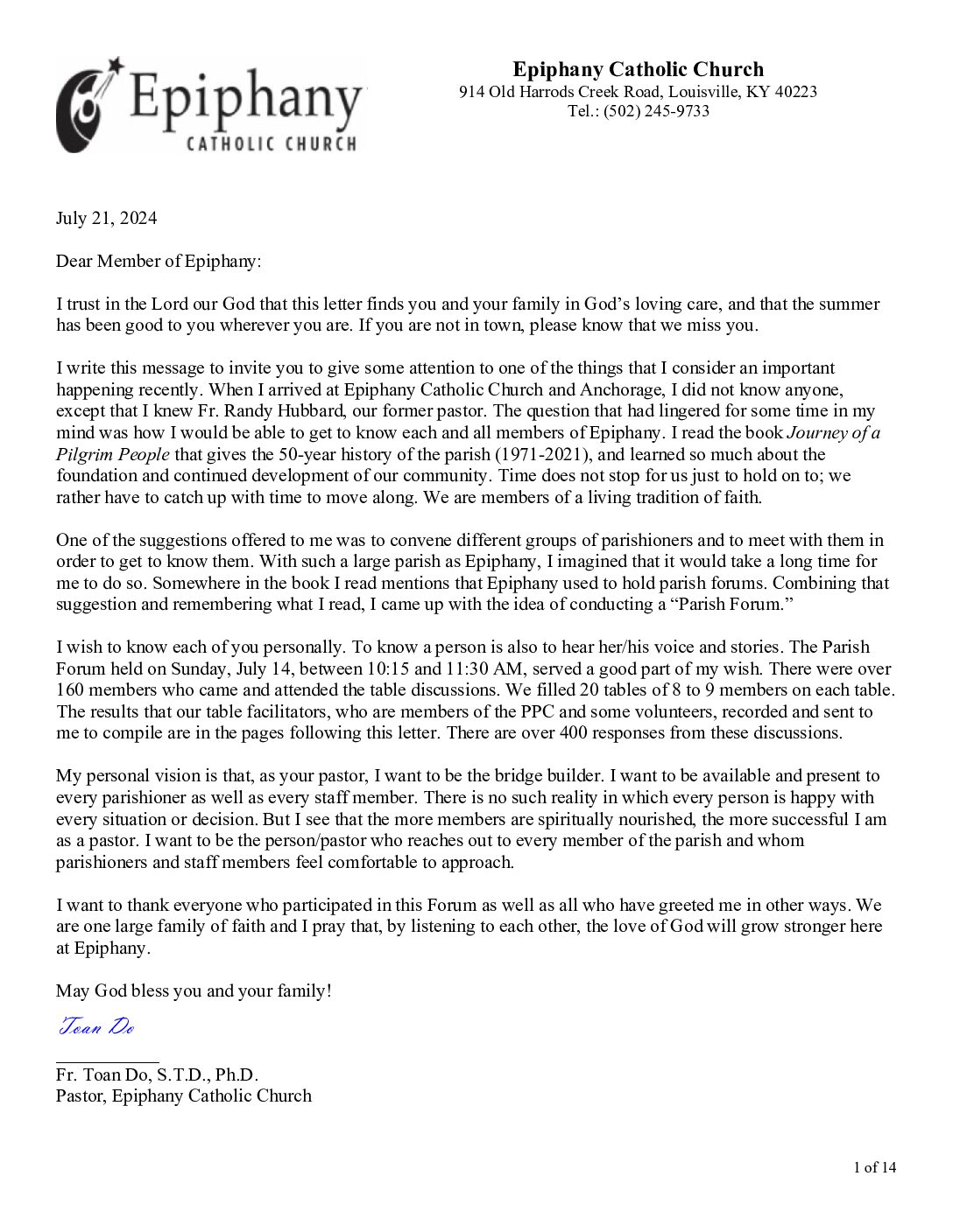 240721 Epiphany Parish Forum Letter Results