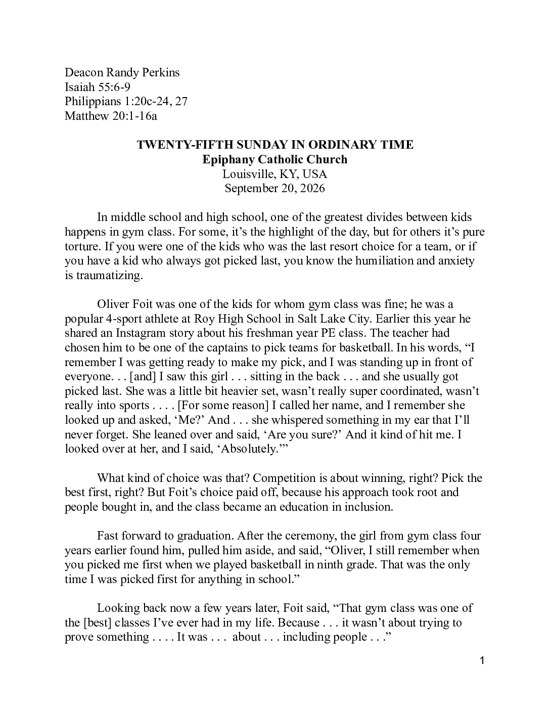 Deacon Randy Perkins – September 20, 2026