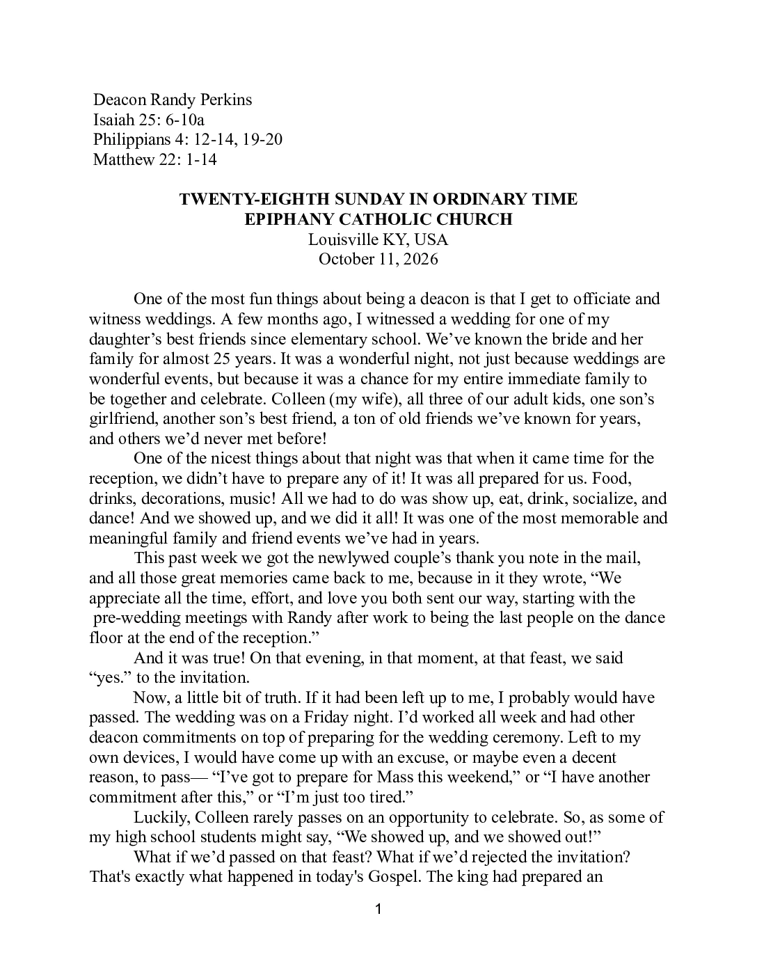 Deacon Randy Perkins – October 11, 2026